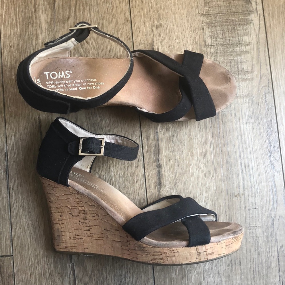 Toms Canvas Strappy Wedge Sandals Black Size 8